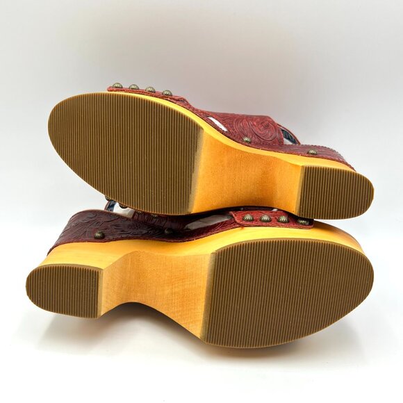 New Dingo Size 9 Tooled Red Leather Western Wedges Platform Clogs Sandals Shoes - Picture 8 of 13